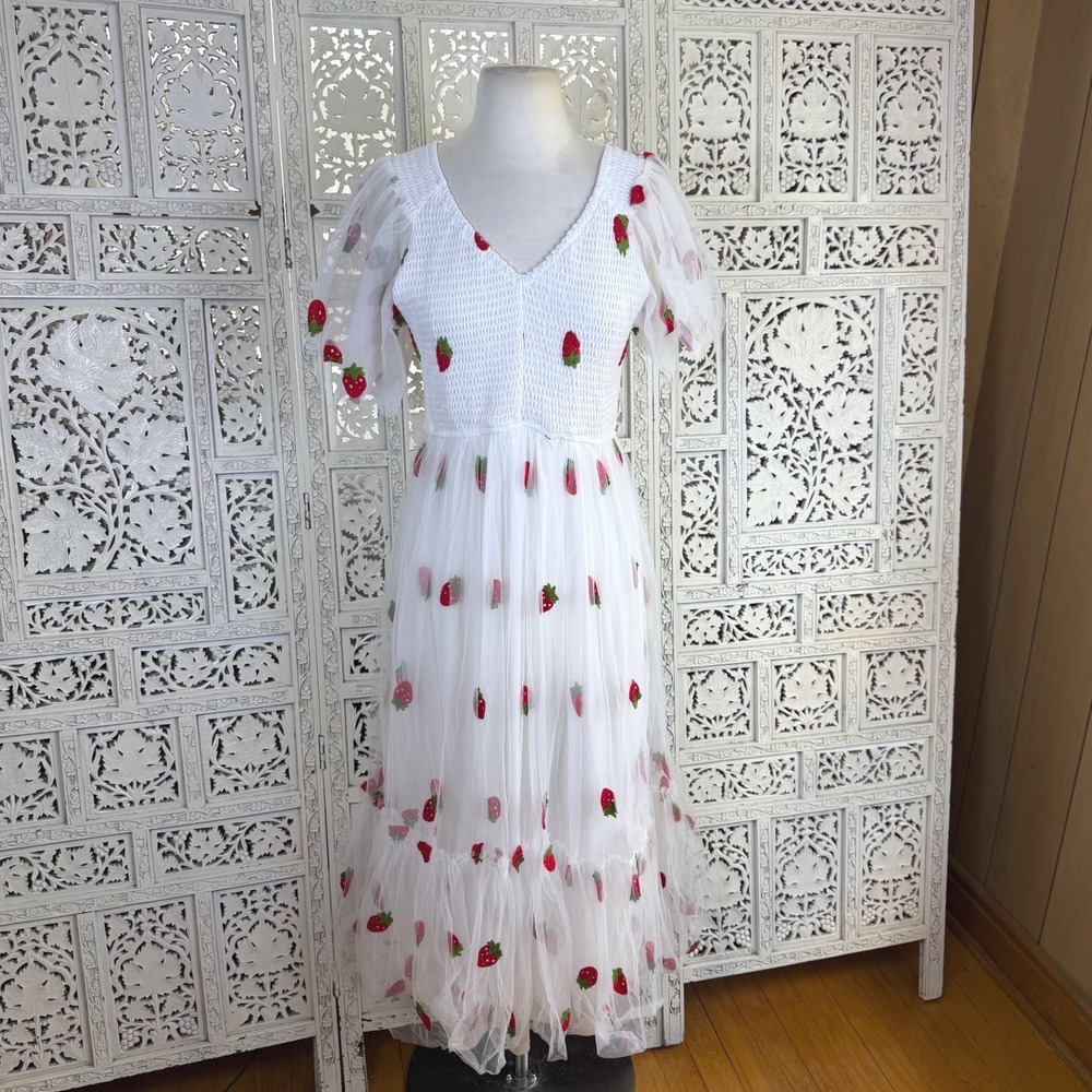 Dress Day White Chiffon Strawberry Fruit Midi Dress Womens Large Bridal Wedding